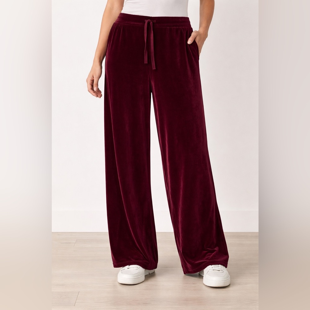 Lou‎ & Grey LOFT Velvet Wide Leg Pants XL Burgundy Pull On Soft Lounge Velveteen